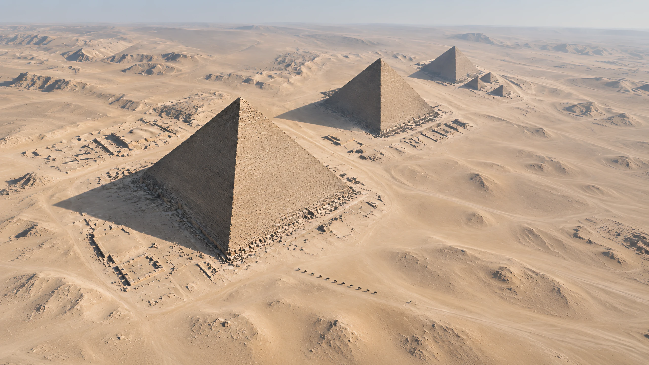 Monumental aerial view of the Giza pyramids with a small caravan crossing the desert.