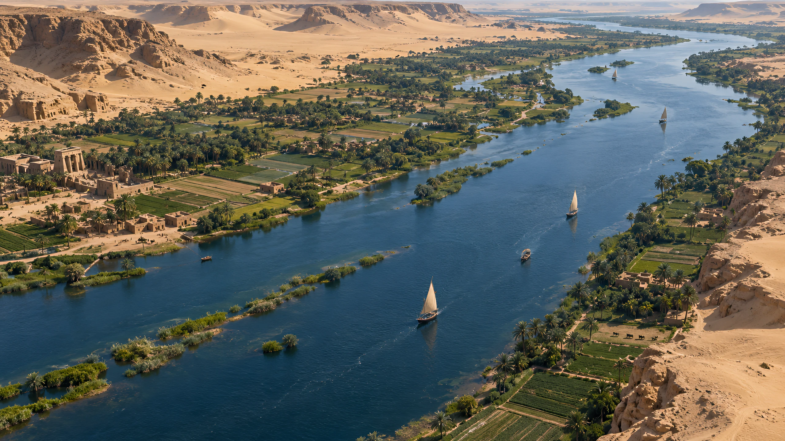 Aerial view of the Nile crossing the desert, surrounded by fertile land and settlements.